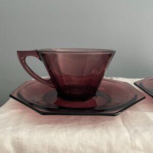 Hazel Atlas Glass Moroccan Amethyst Purple Octagonal Tea Cup Saucer Set MCM